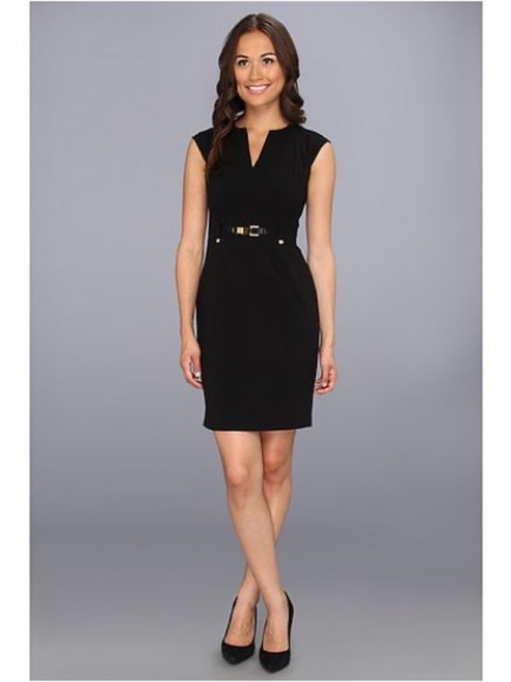 Calvin Klein Black Cap-Sleeve Sheath Dress with Waist Accent